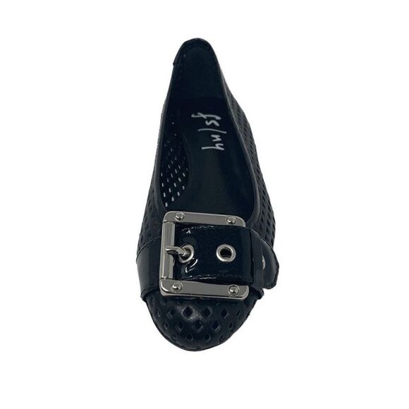FS/NY 5.5 Black Waffle Ballet Flats Shoes Pointed Toes Silver Tone Buckle - Picture 2 of 8